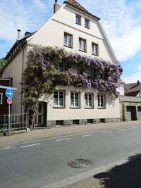 View of street and buildings against sky