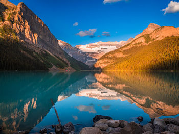 Scenic view of lake louise during sunrise 