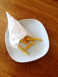 High angle view of bread in plate on table