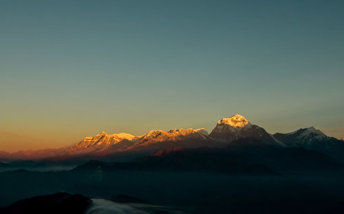 Scenic view of snowcapped mountains against clear sky