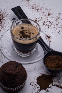 High angle view of coffee cup on table