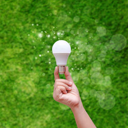 Close-up of woman hand holding light bulb against plants