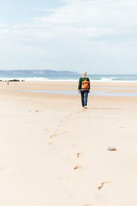 Rear view of man on beach against sky