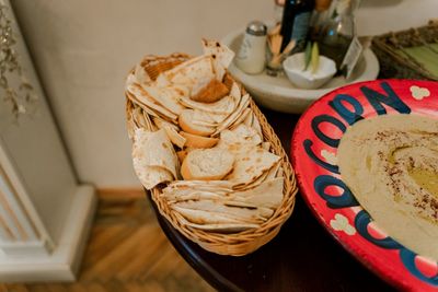 High angle view of bread on table at home