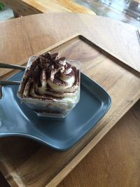 High angle view of cake in plate on table