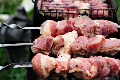 Close-up of meat on barbecue grill