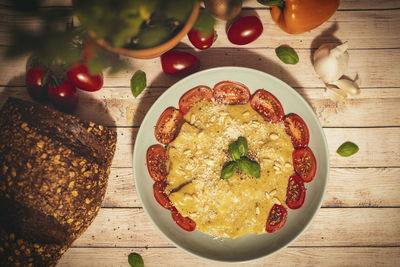 High angle view of breakfast served on table