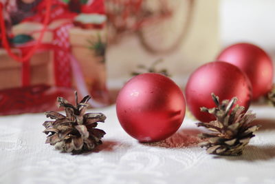 Close-up of christmas decoration on table
