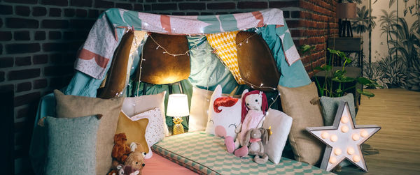 Diy tent decorated and prepared for pajama party