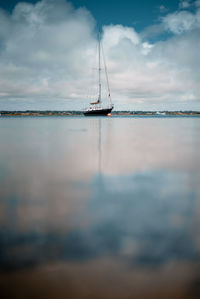 Sailboat sailing on sea against sky