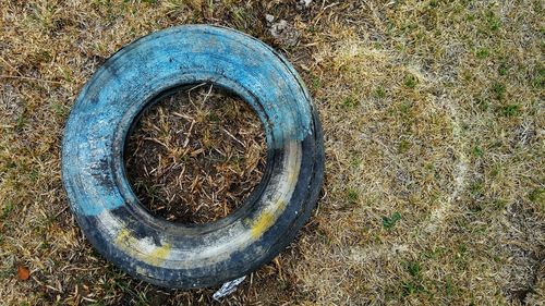 High angle view of abandoned tire