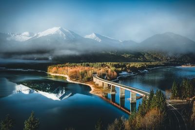 Scenic view of lake and mountains against sky