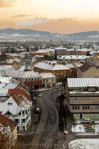 High angle view of city street against sky