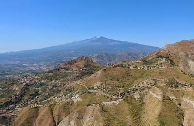 Scenic view of landscape against clear blue sky