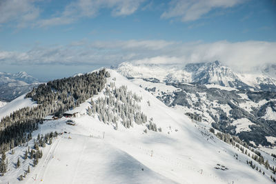 Scenic view of snowcapped mountains against sky