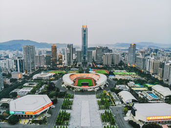 High angle view of buildings in city