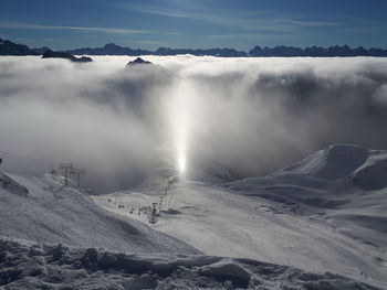 Scenic view of snow covered mountains against sky