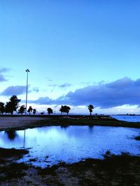 Reflection of silhouette man in water against sky