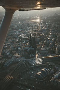 Sunset flight over cologne, germany