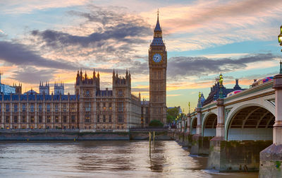 Big ben and houses of parliament by thames river during sunset