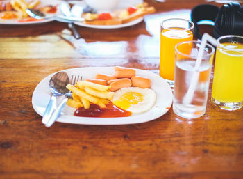 High angle view of breakfast served on table