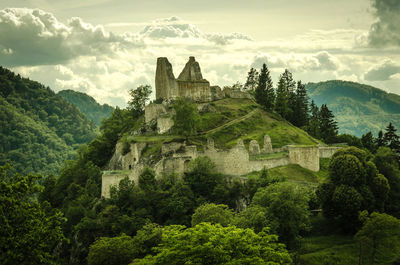 Low angle view of castle against cloudy sky