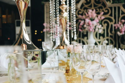 Wineglasses on dinning table at wedding