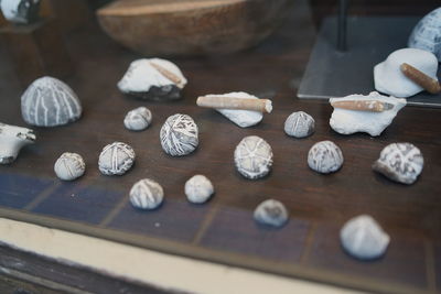 Collection of petrified sea urchins flints displayed in shop window at baltic sea