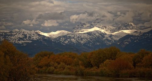 Scenic view of snowcapped mountains against sky