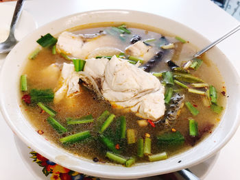 High angle view of soup in bowl on table