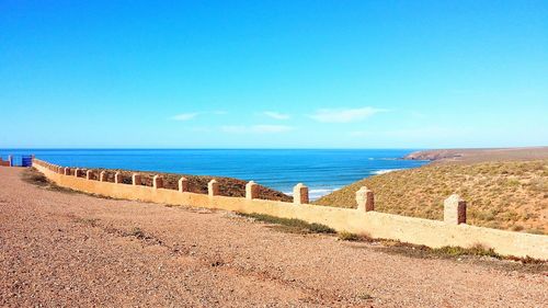 Scenic view of sea against clear blue sky