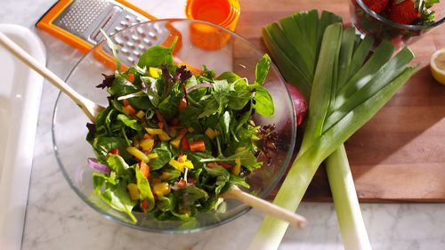 High angle view of vegetables in bowl on table