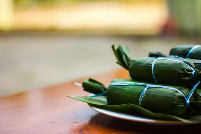 Close-up of vegetables in plate on table