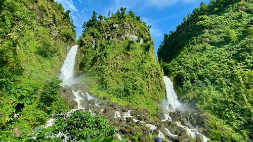 Wide angle view of a waterfall located amidst a lush green forest. 