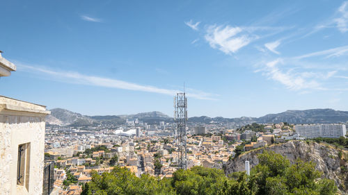 Aerial view of buildings in city against sky