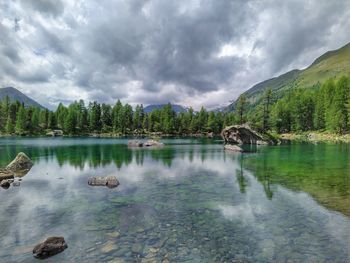 Scenic view of lake by trees against sky