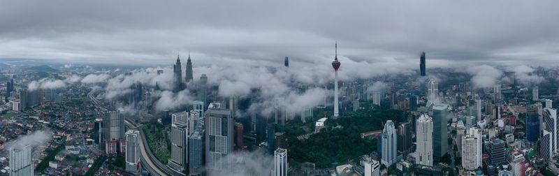 High angle view of modern buildings in city