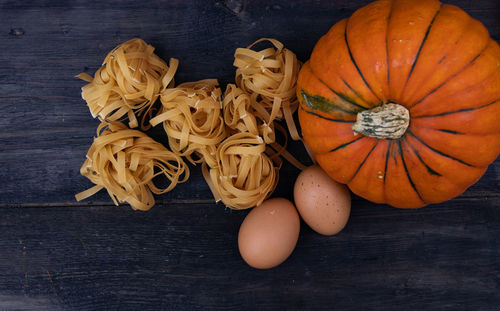 High angle view of pumpkins on table