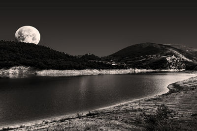 Scenic view of lake against clear sky at night