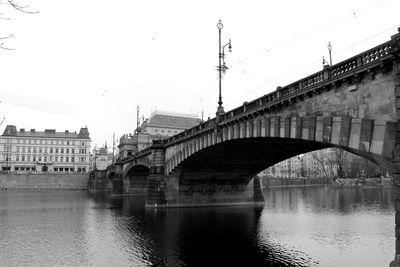 Bridge over river in city against clear sky