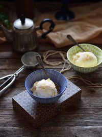 High angle view of ice cream served on table