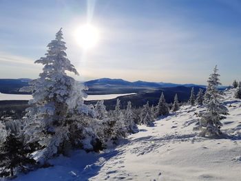 Scenic view of snow covered landscape against sky