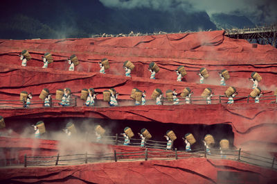 Red temple against sky