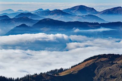 Scenic view of snowcapped mountains against cloudy sky