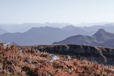 Scenic view of landscape and mountains against sky