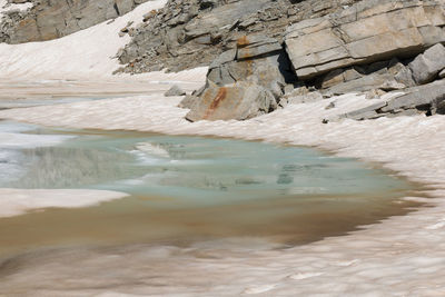 View of alpine glaciers lake in the pass of monte moro