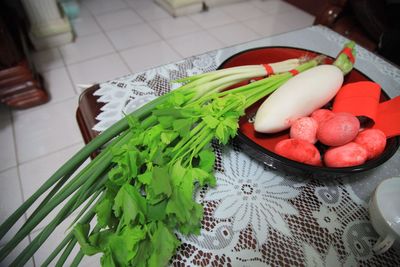 High angle view of fruits in bowl on table