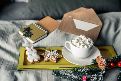 High angle view of christmas decoration on table