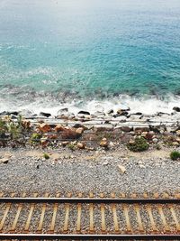 High angle view of railroad tracks by sea