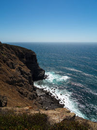 Scenic view of sea against clear blue sky